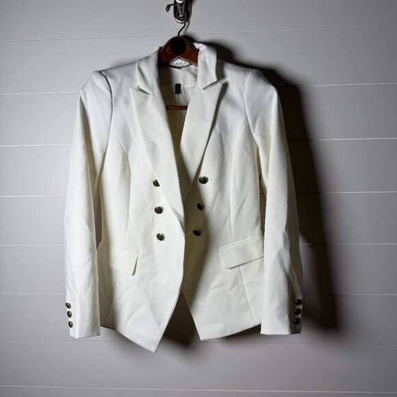 White Black Blazer Jacket Off White Size 4 Double Breast Fully Lined - Picture 7 of 9